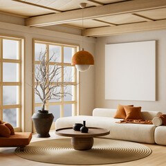 living room interior mock up with modern furnitures. Poster frame mock up in modern interior design. 3D illustration