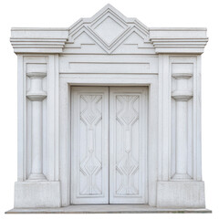 grand, intricately designed white stone doorway with geometric patterns and columns, exuding elegance and sophistication, stands as testament to architectural artistry