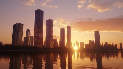 Fototapeta premium Evening cityscape with reflections and vibrant skyline colors high resolution picture