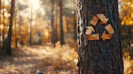 Fototapeta premium Recycling symbol attached to tree trunk in autumnal forest promoting environmental awareness