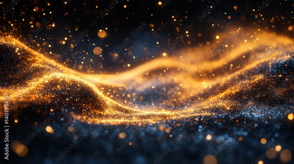 Poster golden dust swirls gracefully in the air creating a magical atmosphere against a striking black back