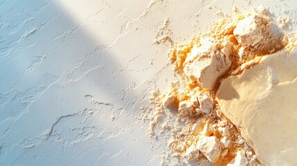 Rolling out pastry dough on a floured surface in a bright kitchen top-down view revealing texture