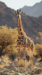 Obraz premium Giraffe standing gracefully in a savanna landscape during golden hour, surrounded by trees and mountains