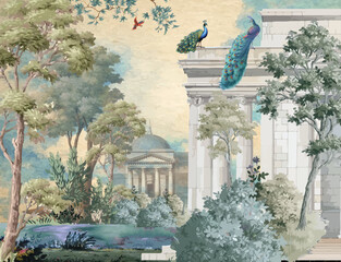 Vintage Greek Landscape Wallpaper Mural, Greek Garden Illustration, Peacock, Watercolor Background, Indian Wedding Background Design. © Sharif