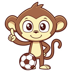 Happy Monkey with Soccer Ball Pointing Up, Cute Cartoon on Isolated White