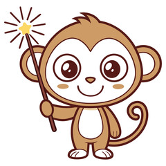 Cartoon Monkey Holding Magic Wand with Star, Cute Animal Isolated on White