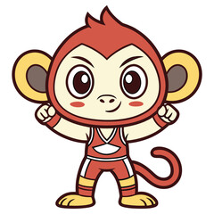Cartoon Monkey Mascot Raising Arms Up Wearing Wrestler Outfit on White Background