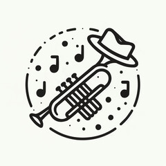Vector illustration of a trumpet with a hat and musical notes in a playful circular design