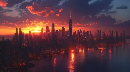 Naklejka premium Urban city reflection with sunset twilight glow high resolution picture