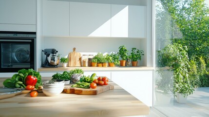 Nutritious meal planning on a kitchen island with fresh ingredients in bright light topdown angle for clarity
