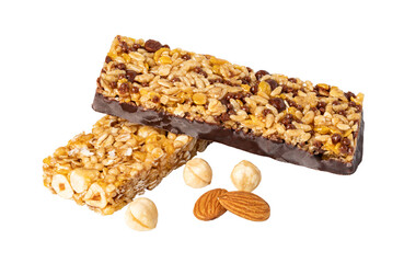 Two cereal bars with chocolate, almonds and hazelnuts falling on transparent background