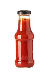 Glass bottle containing red hot chili sauce on transparent background