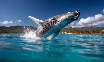 Obraz premium Majestic whale breaching from the ocean, creating splashes against a blue sky