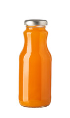 Glass bottle containing refreshing orange juice on transparent background