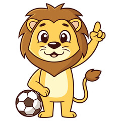 Cartoon Lion with Football Pointing Upwards on Isolated White Background Mascot