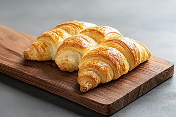 Crescent shape croissant on wooden board soft daylight photography eye level view realistic food art