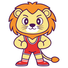 Cartoon Lion Character in Red Wrestling Singlet on a White Transparent Background