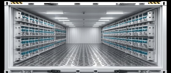 Refrigerated cargo container interior showing evenly spaced thermal sensors, air circulation system, and backup battery for temperature retention - data air backup pharmaceuticals