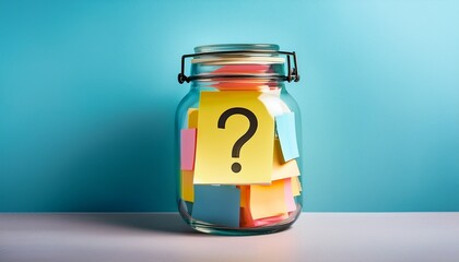 Obraz premium colorful sticky notes in jar with question mark on minimalist background