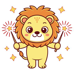 Cartoon Lion Waving Sparklers with Stars on White Background, Cute Animal
