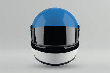 Front view of racing helmet featuring Estonia flag colors
