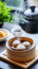 Enjoying oolong tea with dim sum cozy restaurant food photography warm lighting midangle view culinary experience