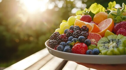 Fototapeta premium Vibrant fruit platter outdoors at golden hour low angle photography nature's bounty