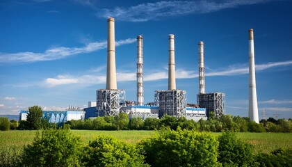 Obraz premium industrial power plant with tall chimneys against blue sky and greenery