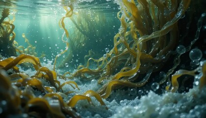 Underwater Kelp Forest with Bubbles and Sunlight Streaming Through Water
