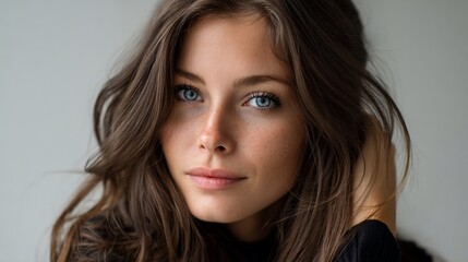 Naklejka premium Portrait of a woman with beautiful blue eyes and brown hair. She's posing for the camera