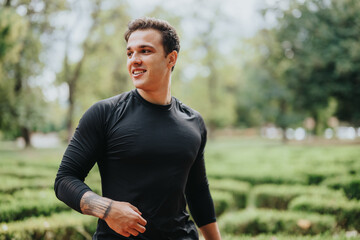 A cheerful individual engages in a workout in a lush green park under a slightly overcast sky, radiating positivity and energy.