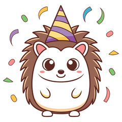 Happy Hedgehog Wearing Party Hat with Confetti on Transparent Background