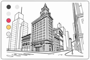 Fototapeta premium Coloring Pages, City Scenery full of tall buildings, colorless, black and white