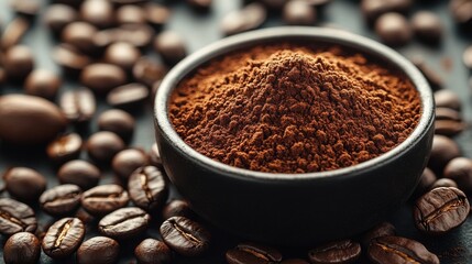 ground coffee bean powder,whole coffee beans on a transparent background showcasing their rich texture,dark color coffee beans powder on transparent background
