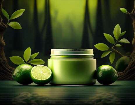 a jar of lime cream next to three limes on a tablea dark forest with trees in the middle of it
