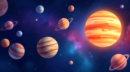 Fototapeta premium Watercolor planet illustration with vibrant celestial colors – imaginative cosmic scene with copy space 