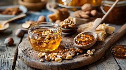 Fototapeta premium A glass jar of honey with walnuts, surrounded by a rustic wooden backdrop, creating a warm and inviting atmosphere.