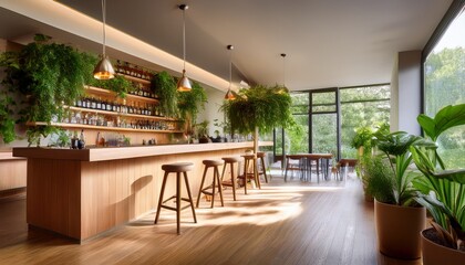 this serene image features a bright interior space with a wooden bar and lush green plants creating a cozy welcoming atmosphere for relaxation