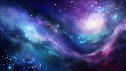 Naklejka premium Watercolor galaxy background in swirling purples and blues with shimmering stars – cosmic dreamy scene with copy space 