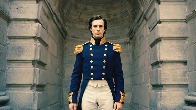 A period era gentleman, full shot, stands in ornate blue military jacket in an archway with stone wall background.