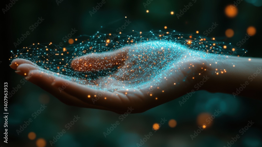 Poster hand holding a network of data connections representing technological progress,digital innovation,ph
