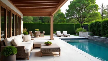 Fototapeta premium Modern backyard with a built-in BBQ grill, outdoor kitchen and dining area, Chic outdoor seating area with a built-in fireplace, created with generative ai