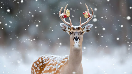 Christmas Deer With Ornaments on Antlers in Snowy Winter Wonderland