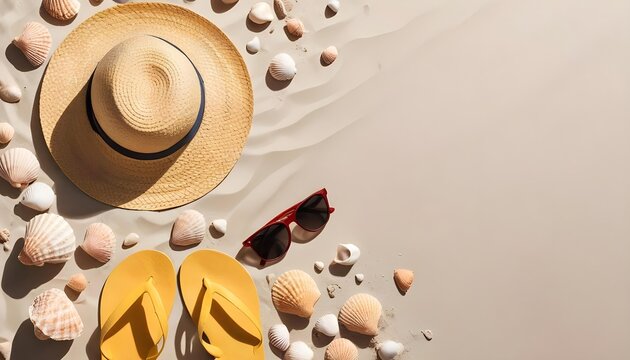 Beach flatlay background, ready summer template with vacation objects on sand — minimal top view for travel ads and social posts