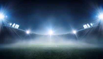 this image depicts an array of bright stadium lights cutting through the misty night air their intense beams creating a vibrant display against a backdrop of hazy darkness