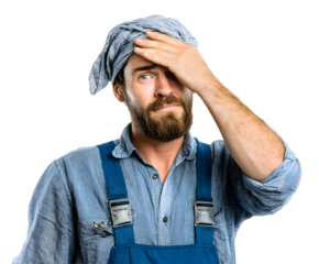 A worried construction worker wearing a blue uniform and a gray rag on his head has his hand on his forehead. He appears stressed.