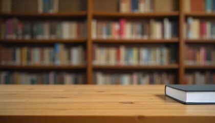 a wooden desk with a blurred bookshelf in the background, suggesting a study or library environment, created with generative ai