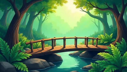 Wooden bridge, in jungle forest Illustration, cartoon background, river with a log bridge, Adventure summer landscape panorama,  created with generative ai