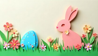 3d abstract paper cut illustration of colorful easter rabbit, grass, flowers and blue egg shape. Happy easter greeting card template., banner, poster, header for website, created with generative ai