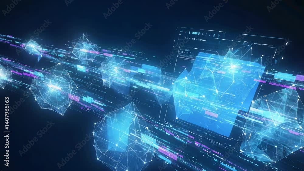 Wall mural abstract technological network with glowing polygons, data streams and screen elements on dark backg